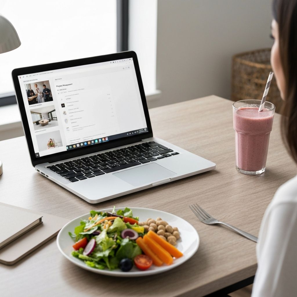 Modern workspace with healthy meal